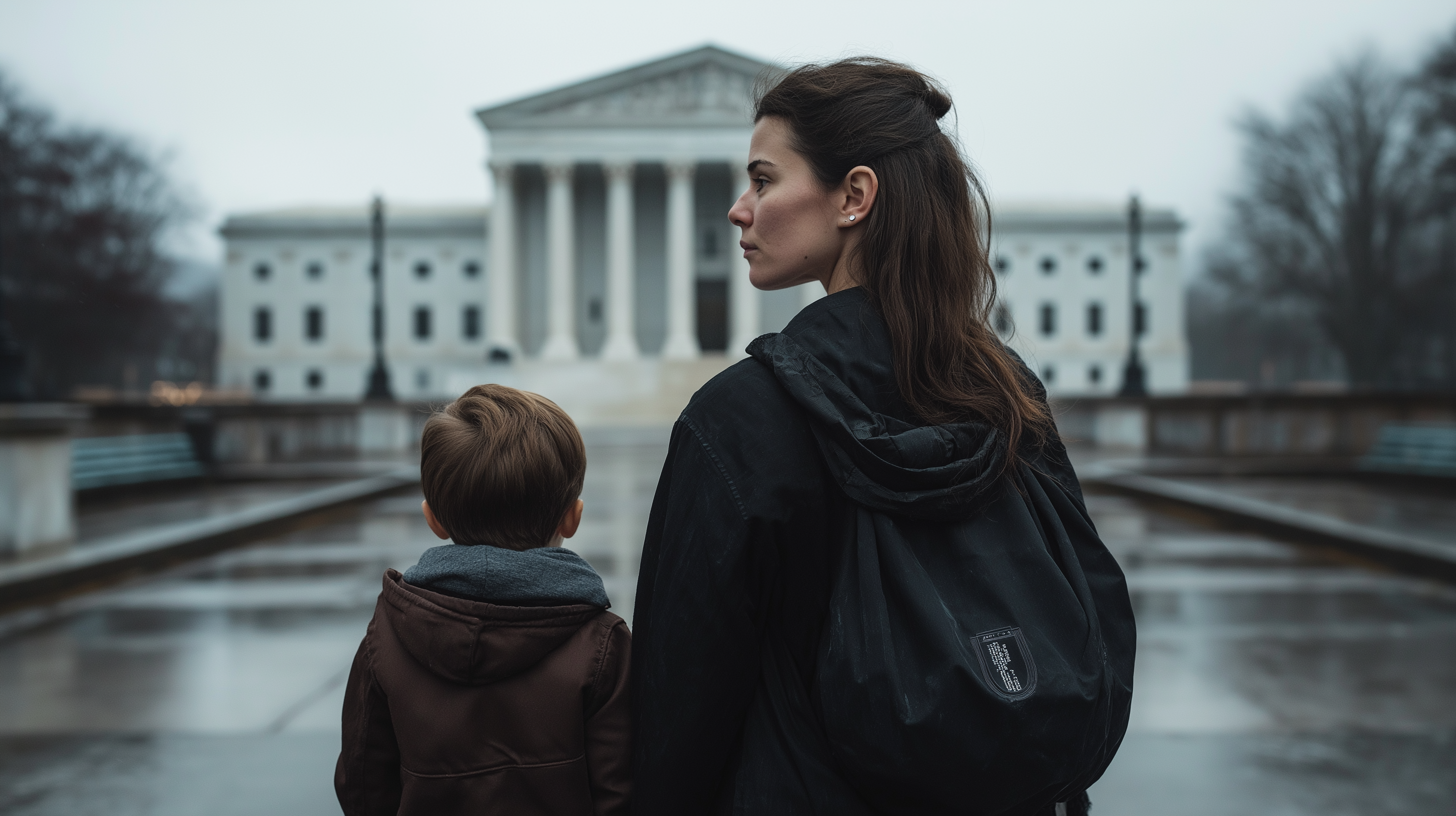 Matka so synom stojaca pred budovou súdu ilustrujúca tému právna ochrana matiek a detí
