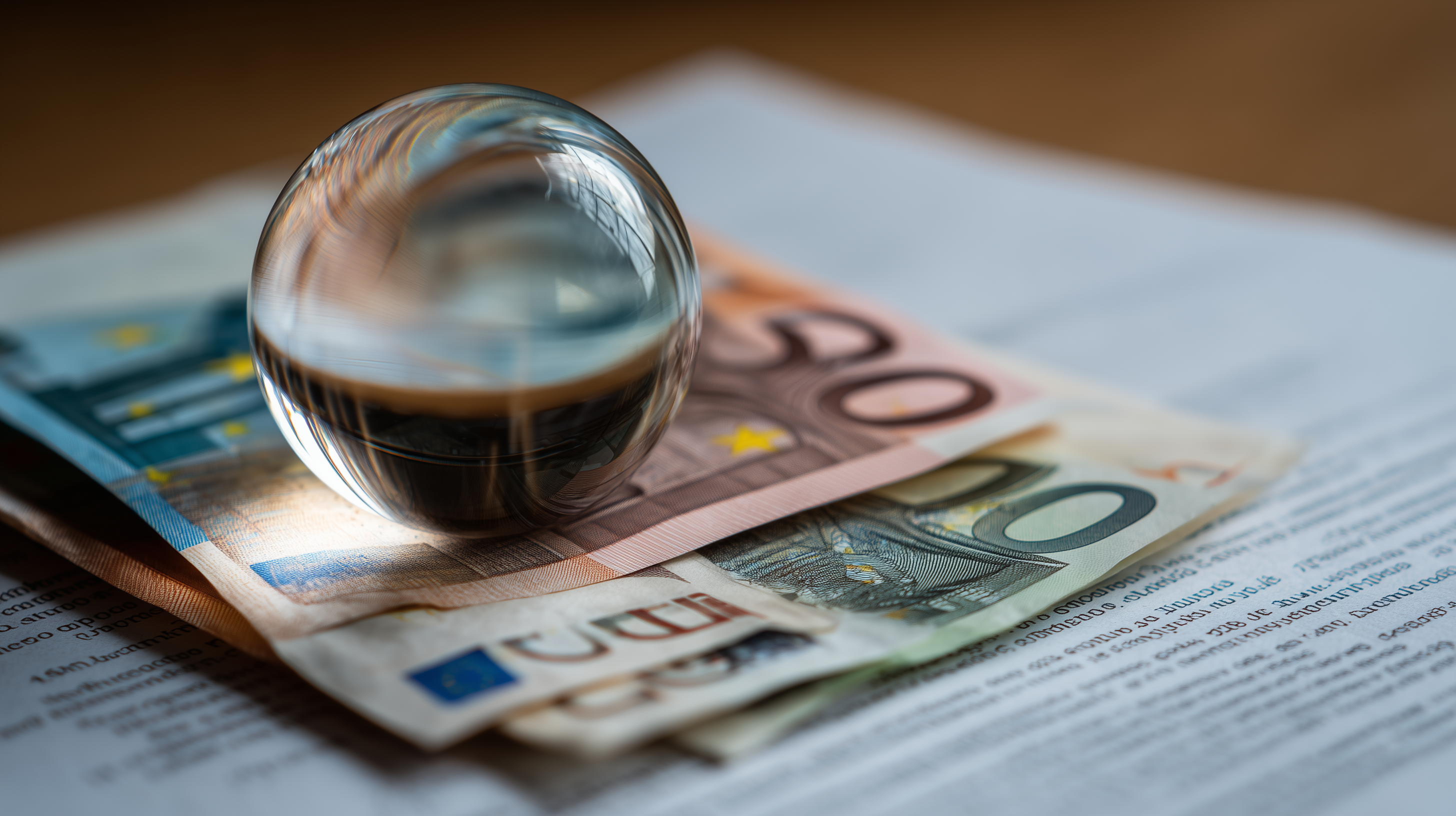 Sklenená guľa položená na eurových bankovkách a faktúre symbolizujúca istotu úhrady platieb